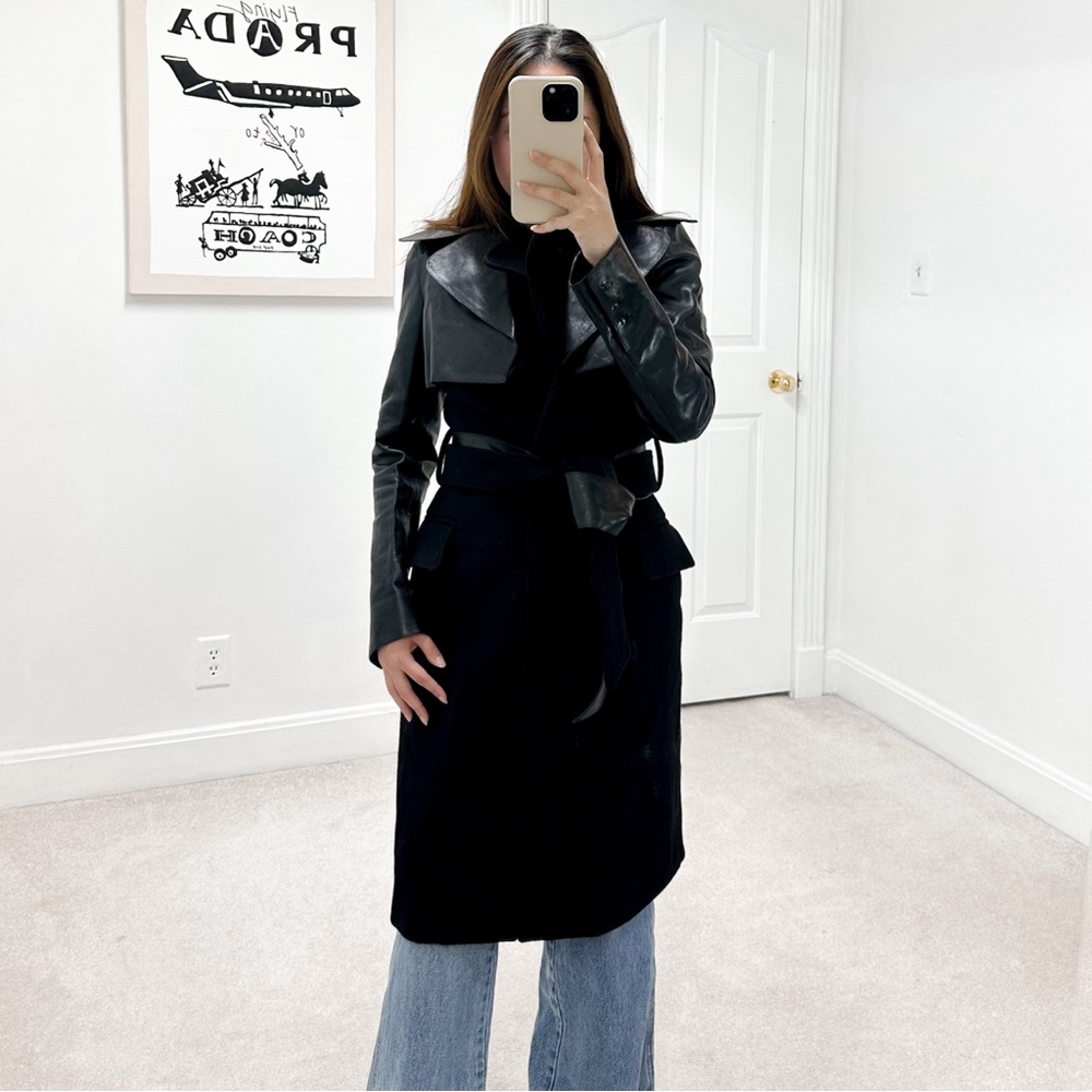 DSQUARED2 100% Wool Leather Belted Trench Coat in Black IT42